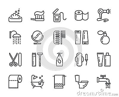 Personal hygiene pixel perfect line icons. Set of elements of shower, soap, bathroom, toilet, toothbrush and other cleaning pictog Vector Illustration