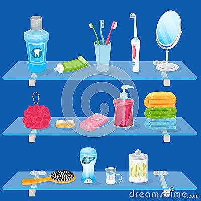 Personal hygiene supplies. Vector illustration. Bathroom glass shelves with soap, toothbrush, toothpaste and hand towels Vector Illustration