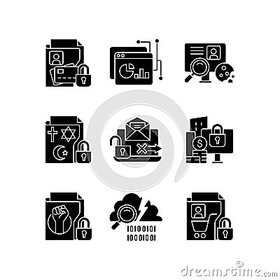 Personal information black glyph icons set on white space Vector Illustration