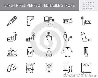 Personal medical devices line icons. Vector illustration include icon - thermometer, glucometer, insulin pump, outline Vector Illustration