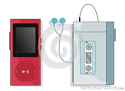 Music player one analog with soft blue colors and the other digital in red Stock Photo
