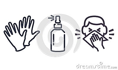 Personal protection equipment icons - medical mask, latex gloves, soap, dispenser, protective glasses. Coronavirus Vector Illustration