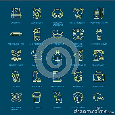 Personal protective equipment line icons. Gas mask, ring buoy, respirator, bump cap, ear plugs and safety work garment Vector Illustration