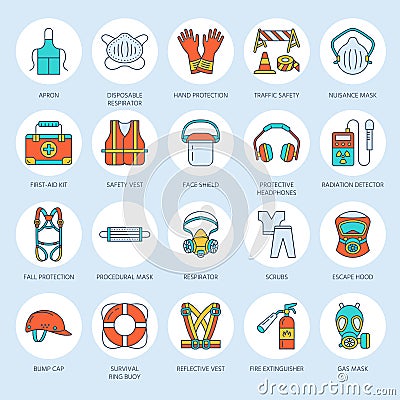 Personal protective equipment line icons. Gas mask, ring buoy, respirator, bump cap, ear plugs and safety work garment Vector Illustration