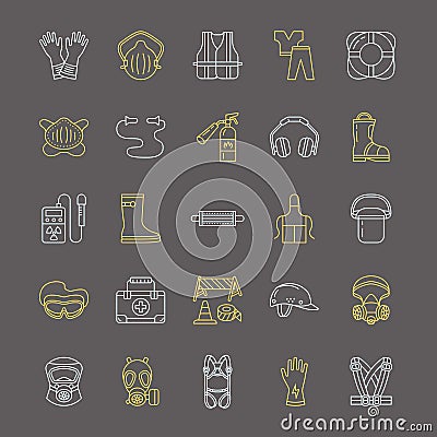 Personal protective equipment line icons. Gas mask, ring buoy, respirator, bump cap, ear plugs and safety work garment Vector Illustration