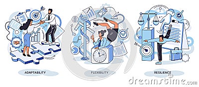 Personal quality concept vector illustrations set. Adaptability, flexibility and resilience. Creative metaphor Vector Illustration