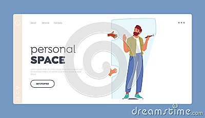 Personal Space Landing Page Template. Man Drawing Protective Border Around Himself, Creating A Boundary Of Safety Vector Illustration