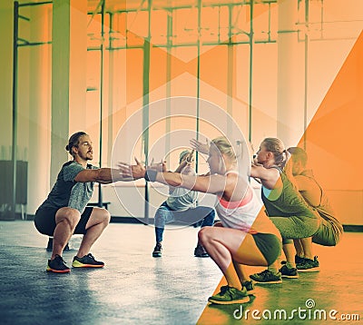 Personal trainer, fitness and people at gym for squat exercise, workout and training. Athlete men and women group for Stock Photo