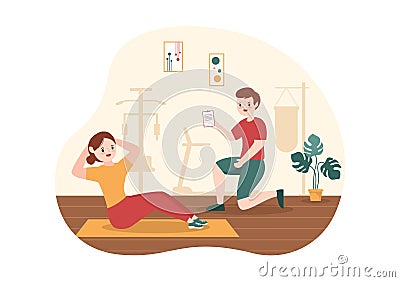 Personal Trainer or Sports Instructor Hand Drawn Cartoon Flat Illustration Template with Working Helping Stretc and Fitness Vector Illustration