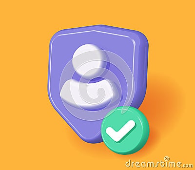 Personal user data protect 3d icon vector graphic, person safety secure check shield check mark render cartoon illustration, cyber Vector Illustration