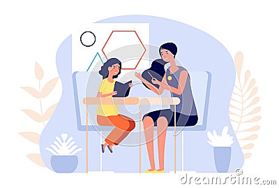Personal young teacher. Private education, girl intern. School girl learning with woman, tutor for preschool children Vector Illustration