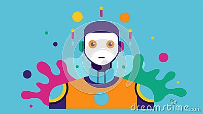 Personalized Portrait Creation A stylized robot creating a unique digital portrait of a person with colorful splashes Vector Illustration