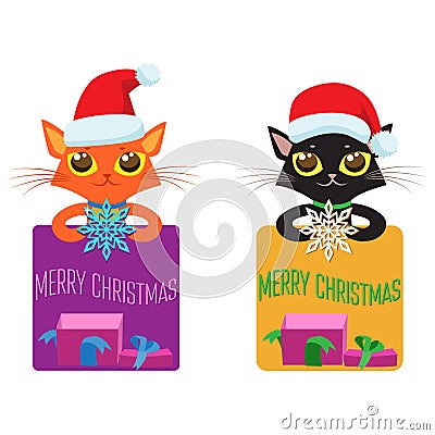 Personalized Small Congratulations. Christmas Vector Set Of Cats In Costumes, Gifts, And Snowflakes. Vector Illustration