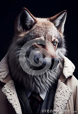 The personification of animal features. A wolf dressed in stylish human clothes. Standing confidently and decisively. Stock Photo