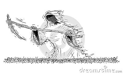 Grim Reaper or Death Personification Scythe Crowd of People, Vector Cartoon Stick Figure Illustration Vector Illustration