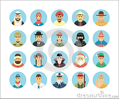 Persons icons collection. Icons set illustrating people occupations, lifestyles, nations. Vector Illustration