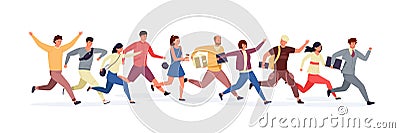 Persons in rush. Cartoon characters in modern clothes hurrying and running together. Vector illustration Vector Illustration