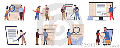 Persons sign documents. People conclude contracts, electronic and analog signatures, clerks, agents and clients. Digital Vector Illustration