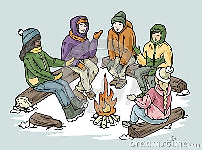 Persons sitting around winter campfire, engaged in conversation, season recreation for group of people. Warm and Vector Illustration