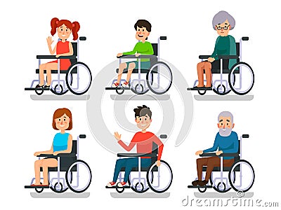 Persons in wheelchair. Hospital patient with disability. Disabled boy and girl, man woman and old people in wheelchairs Vector Illustration