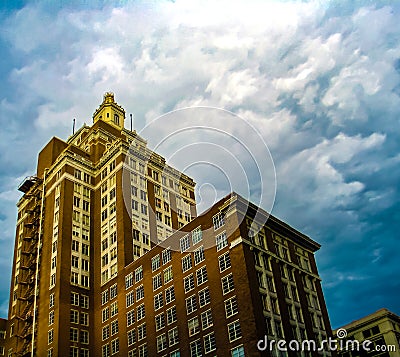 Perspecitive view of the 320 South Boston building in downtown Tulsa Oklahoma on a Stormy Day Stock Photo