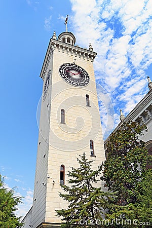 The perspective of the clock tower of the railway station of Soc Editorial Stock Photo