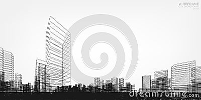 Perspective 3D render of building wireframe. Vector. Vector Illustration