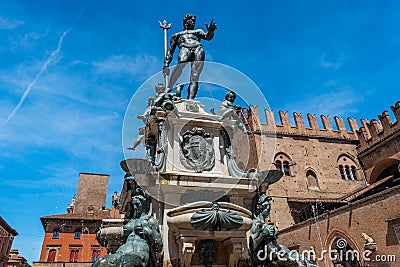 Perspective and detail of the Fountain of Neptune next Re Enzo palace, Bologna ITALY Editorial Stock Photo