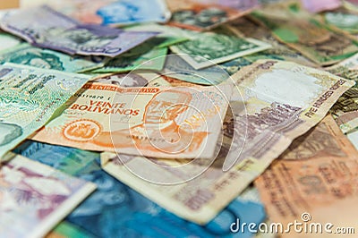 Perspective of different mixed international money bills Stock Photo