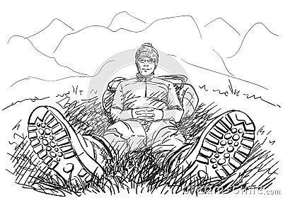 Perspective drawing of hiker man sitting on ground Vector Illustration