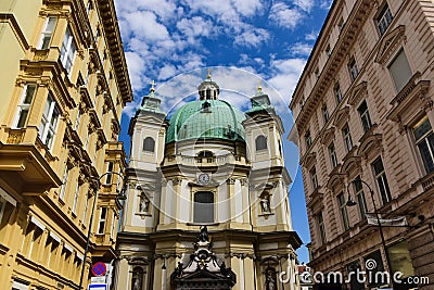 perspective exterior elevation of the St. Peter's catholic church in Vienna, Austria. green copper plated cupola Stock Photo