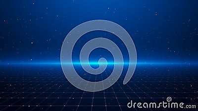 Perspective Grid. Abstract background shining blue floor ground particles stars dust with flare. Futuristic glittering in space on Stock Photo