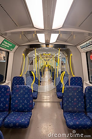 Perspective interior view of an empty public subway train in Stockholm. Editorial Stock Photo