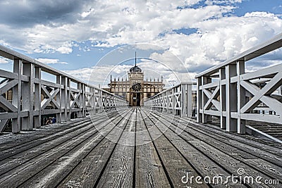 Perspective of old outdoor bathhouse Stock Photo