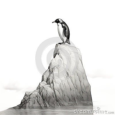 Perspective Rendering Of Penguin On Top Of Rock Cartoon Illustration