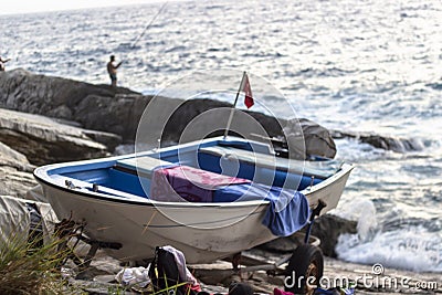 Perspective shoot of boat on the shore at evening time Stock Photo