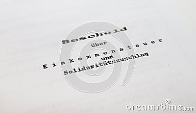 Perspective shot of the annual german tax notification header on a letter by the german Finanzamt Editorial Stock Photo