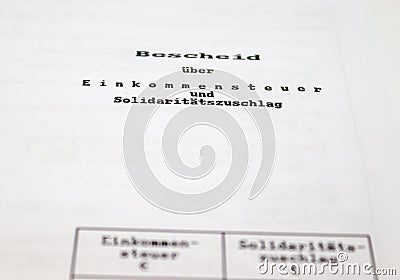 Perspective shot of the annual german tax notification header on a letter by the german Finanzamt Editorial Stock Photo