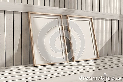 Perspective shot binary wooden poster frame,realistic interior mockup Stock Photo
