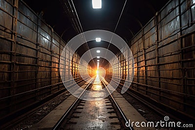 perspective shot of long, dark subway tunnel with light at the end Stock Photo