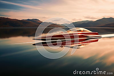 perspective shot of a long, sleek speedboat on a lake Stock Photo