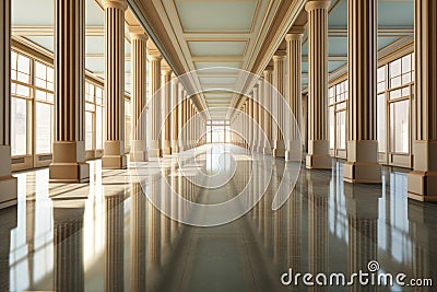 perspective shot of parallel columns lining a long office corridor Stock Photo