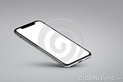 iPhone X. Perspective veiw smartphone mockup rests on one corner on gray background Stock Photo