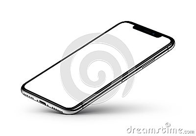 iPhone X. Perspective view smartphone mockup with blank screen rests on one corner Stock Photo