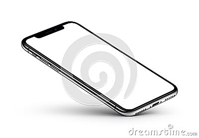iPhone X. Perspective view smartphone mockup with blank screen rests on one corner Stock Photo