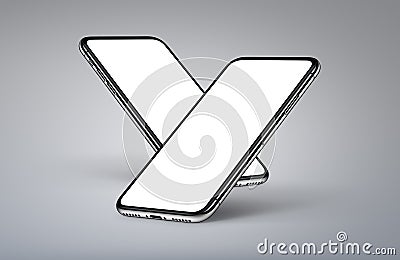 iPhone X. Perspective smartphones mockup front sides with white screen on gray background Stock Photo
