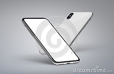 Perspective smartphones similar to iPhone X mockup back side and front side with white screen on light background Cartoon Illustration