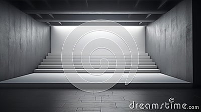 Perspective view on big blank white illuminated screen with place for your text or logo in empty huge hall with stage and stairway Stock Photo