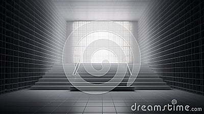 Perspective view on big blank white illuminated screen with place for your text or logo in empty huge hall with stage and stairway Stock Photo