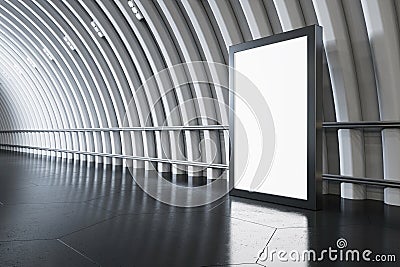 Perspective view on blank white billboard in black frame with place for your text or logo on dark grey concrete floor in huge hall Stock Photo